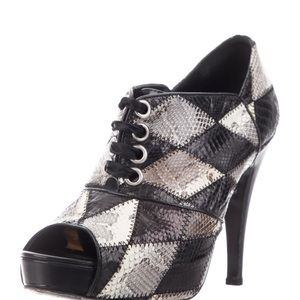 Mugnai Embossed Snakeskin Print Patchwork Open-Toe Animal Print Heels